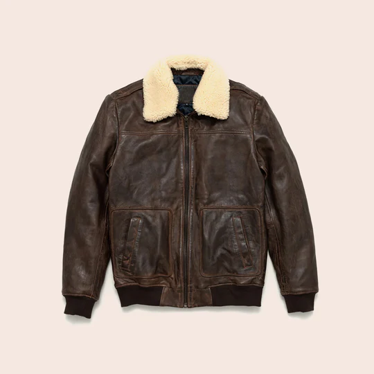 New Men's Brown Sheepskin Vintage A2 Real Shearling Leather Distressed Bomber Jacket