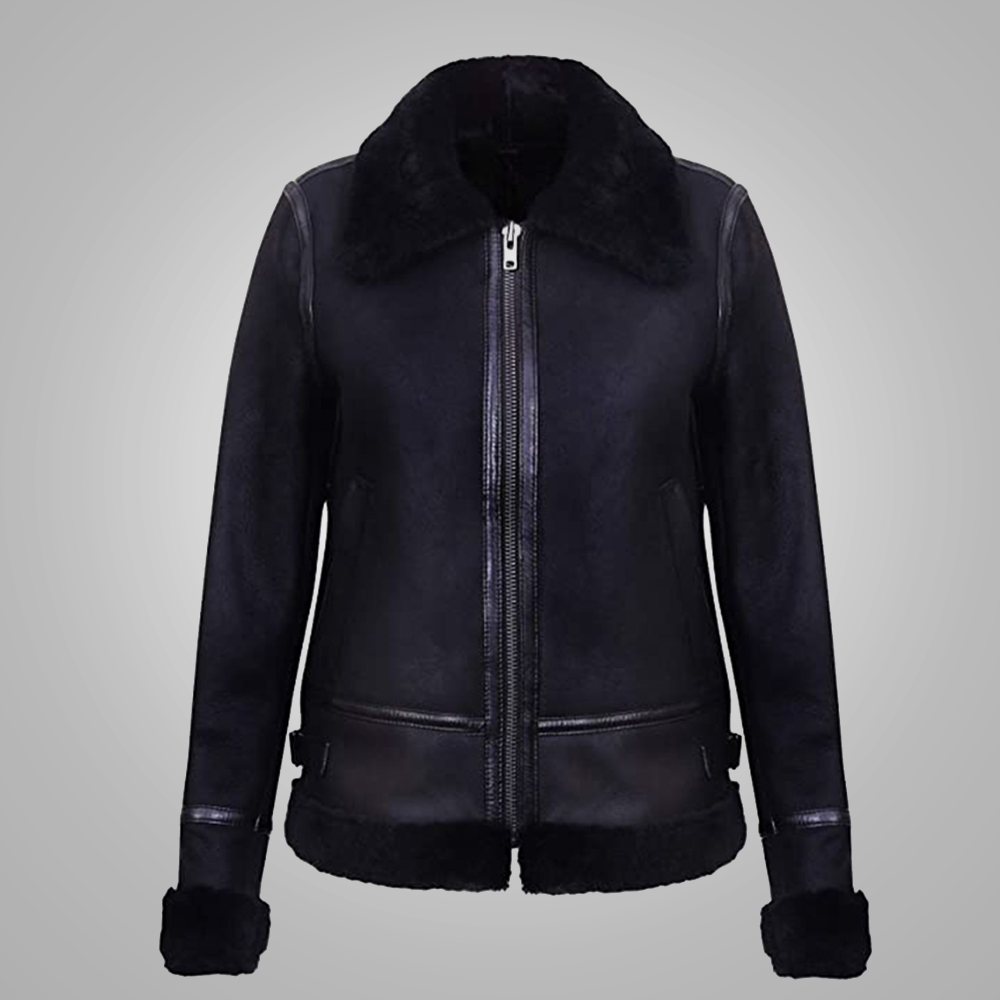 New Black Women Sheepskin Aviator Shearling Genuine Leather Bomber Jacket With  Black Fur Collar