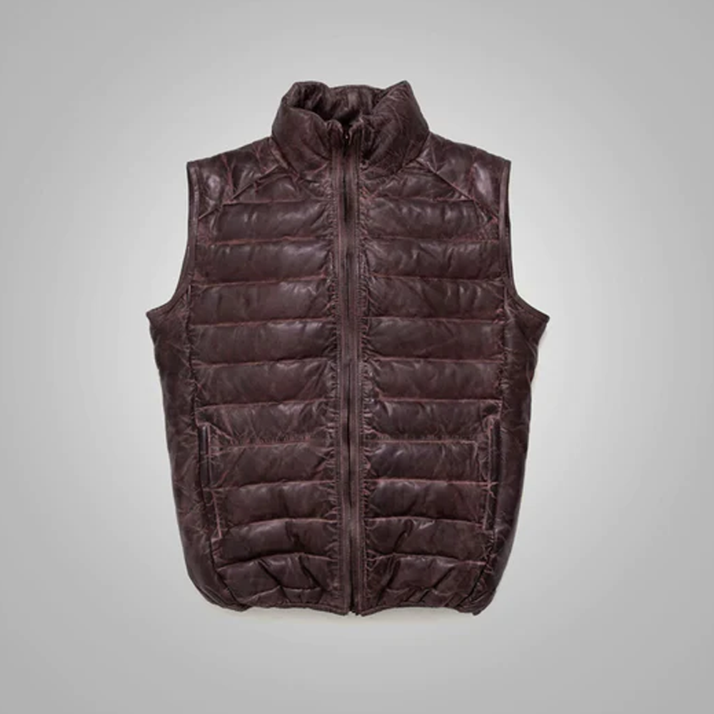New Sheepskin Dark Brown Bubble Leather Vest For Men