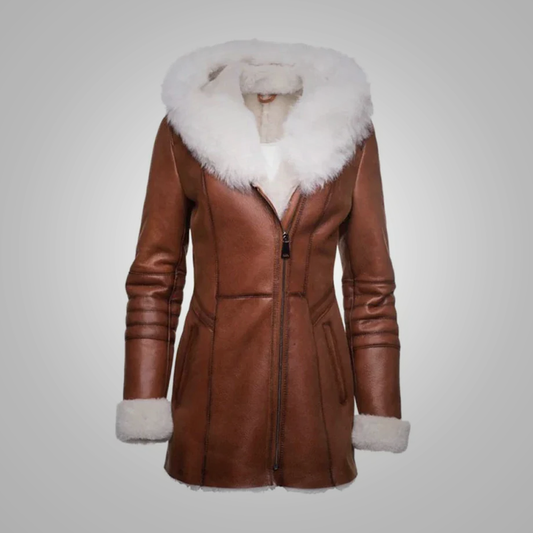 New Women Hood Shearling B3 Bomber Leather Coat With White fur