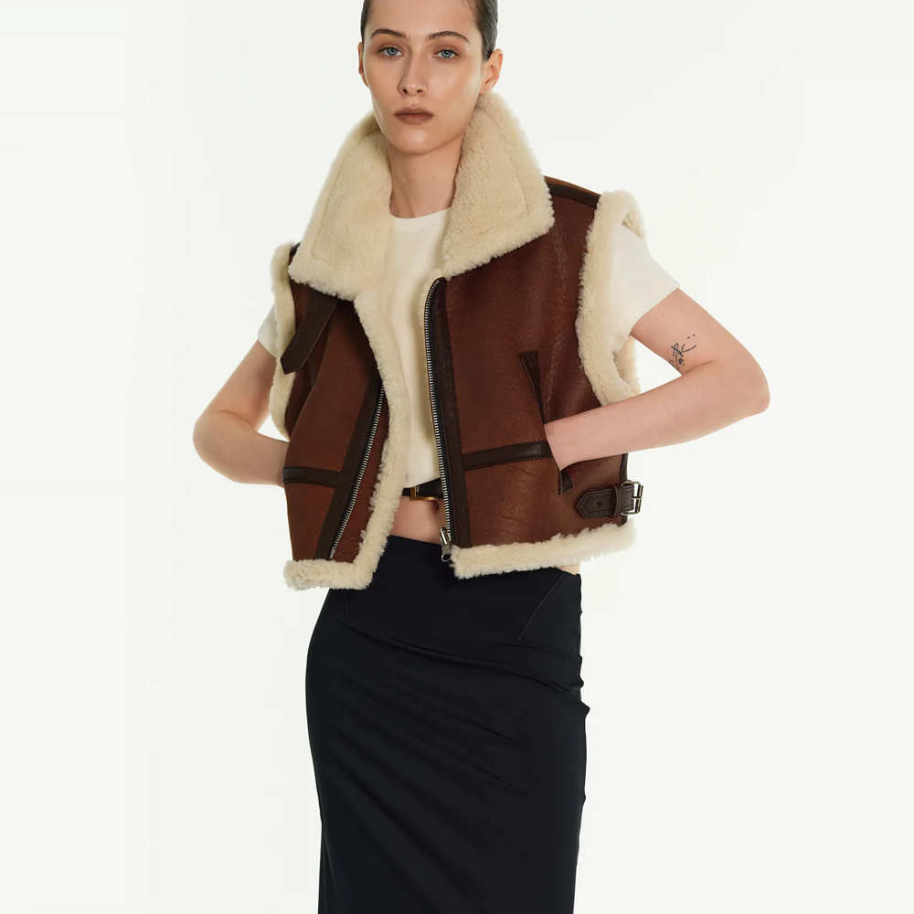 New Brown Sheepskin Shearling Aviator Leather Vest For Women