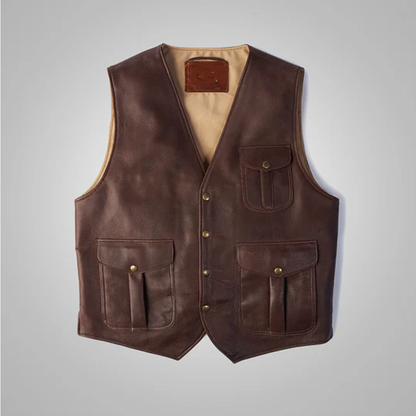 New Sheepskin Brown Multi Pocket Style Buckskin Leather Vest For Men