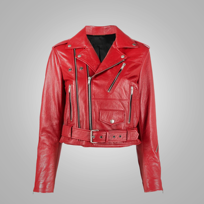 New Women's Red Lambskin Leather Designer's Fashion Leather Biker Jacket