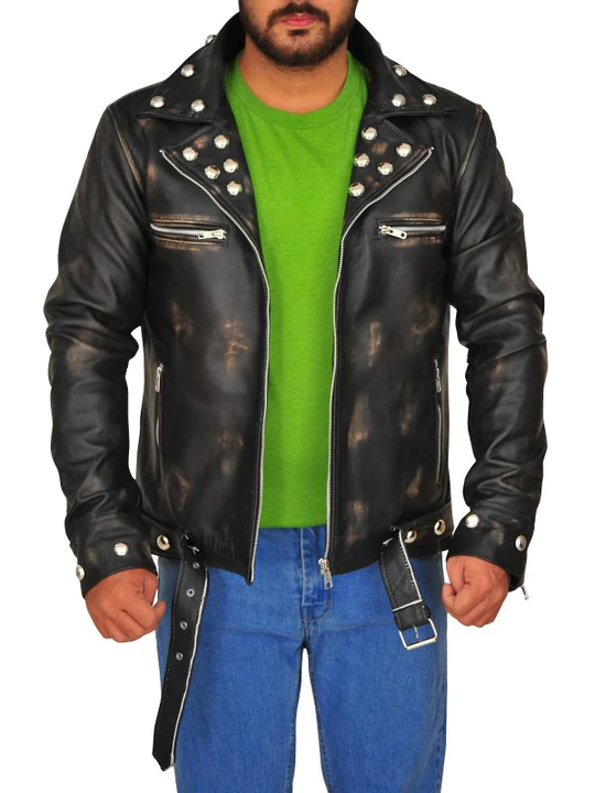New Mens Sheepskin Studded Distressed Genuine Leather Biker Jacket