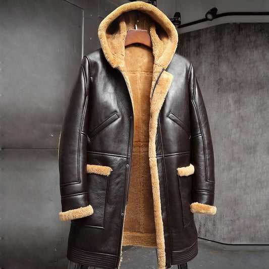 New Mens Sheepskin Shearling Coat Hooded Leather Jacket Fur Coat Mens Winter Coats Long Fur Jacket