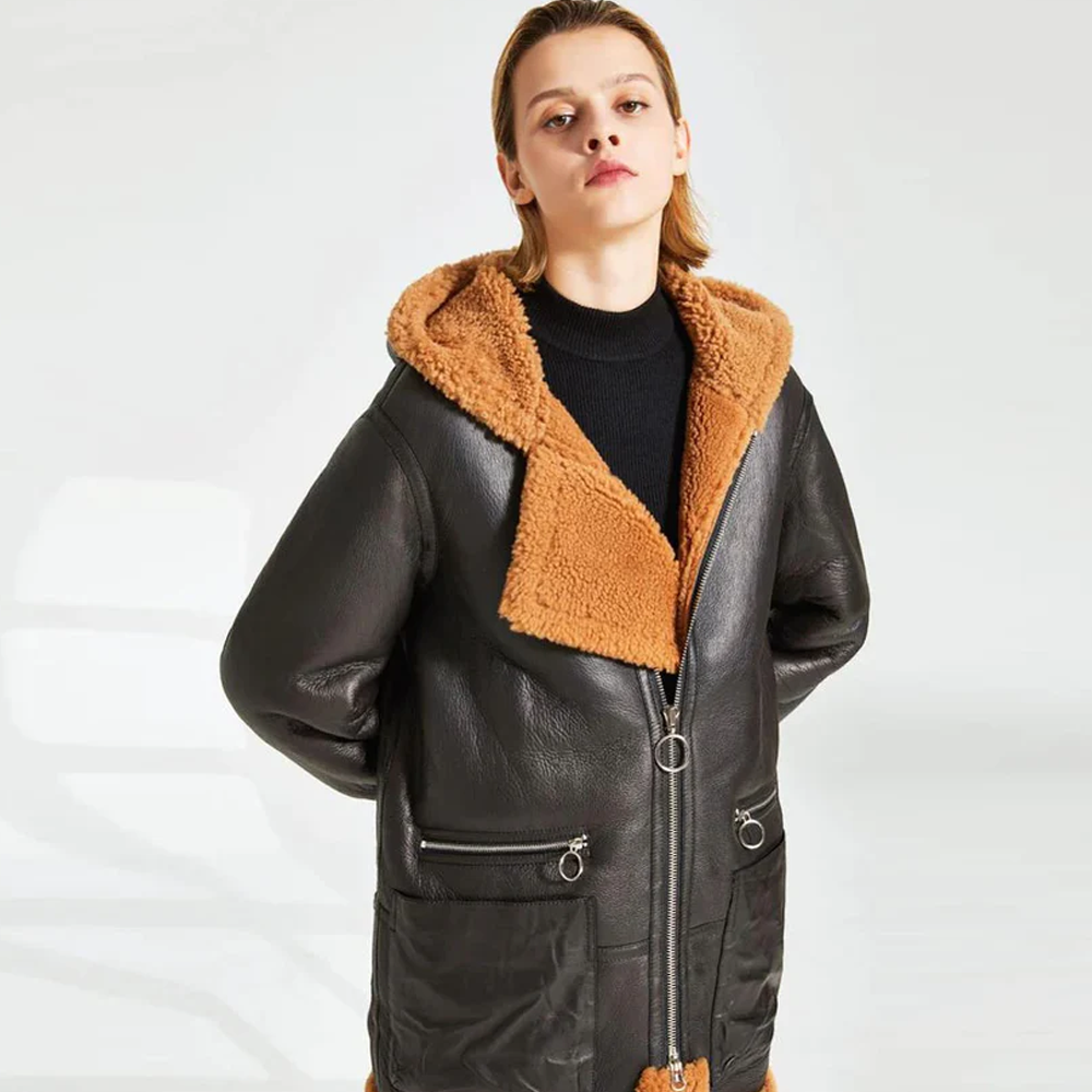 New Women Black Hooded Lambskin Shearling Leather Long Coat With Brown Fur