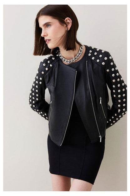 New Sheepskin Black Biker Style Silver Spiked Studded Leather Jacket For Women