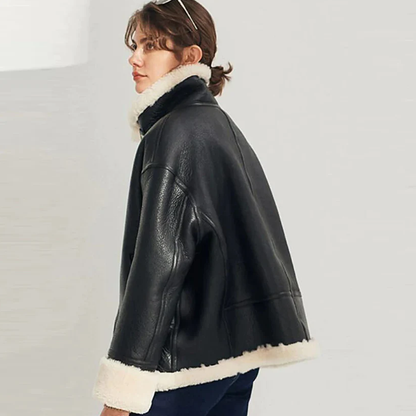 New Lambskin Women's Shearling Leather Lapel Collar Black Leather Coat