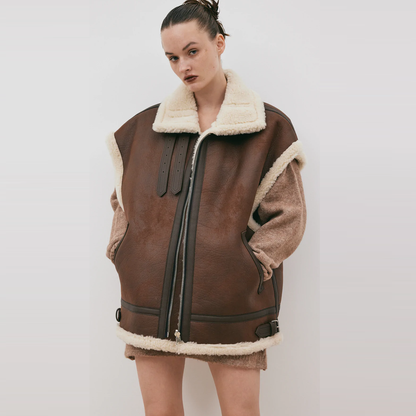 Women 2024 Chocolate Brown Sheepskin Shearling Aviator Leather Vest