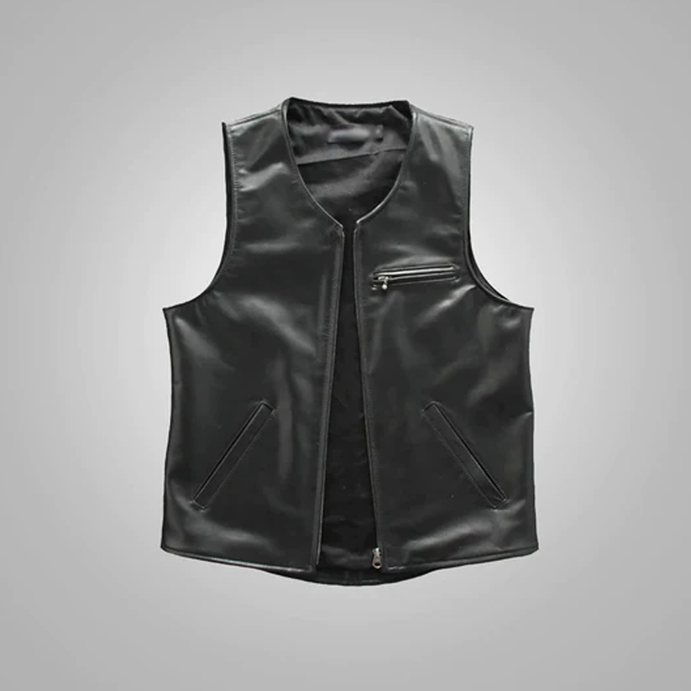 New Black Men Sheepskin Genuine Cowboy Leather Vest
