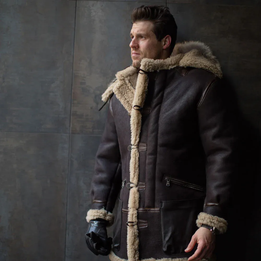Men New Chocolate Brown Sheepskin Shearling Leather Coat With Fur hood