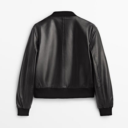 New Black Lambskin Shearling Leather Bomber Jacket For Women's