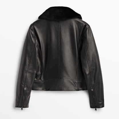 New Black Women Lumbskin Aviator Genuine Leather Biker Jacket With Black Fur Collar