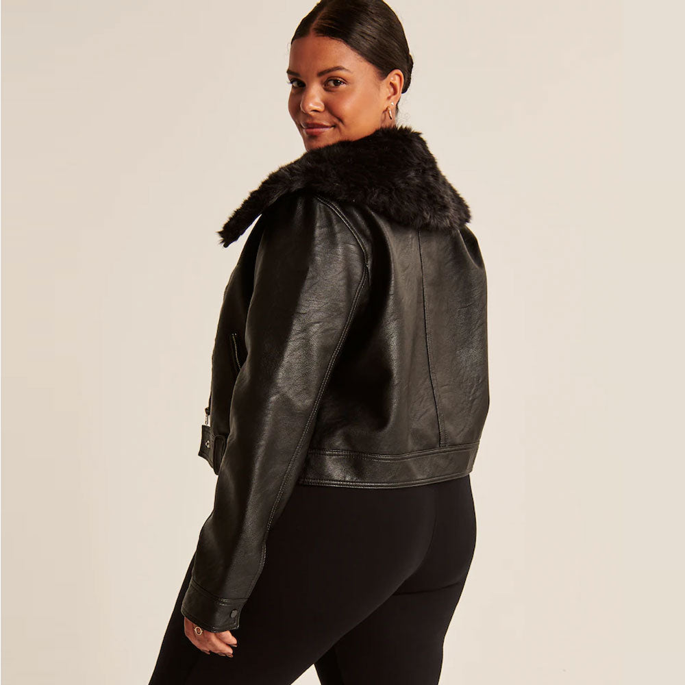 New Women Black Fashion Shearling Sheepskin Aviator Leather Jacket