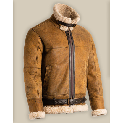 New Shearling B3 With Fur Cuffs Aviator Mens Brown sheapskin Leather Jacket