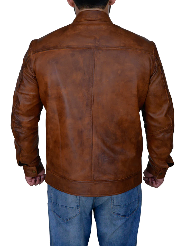 New Mens Brown Distressed Real Lambskin Leather Biker Jacket
