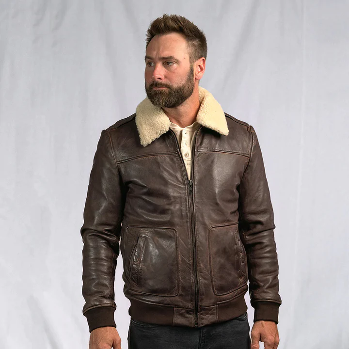 New Men's Brown Sheepskin Vintage A2 Real Shearling Leather Distressed Bomber Jacket