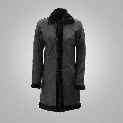 New Best Women Sheepskin Black Shearling Genuine Leather Long Coat