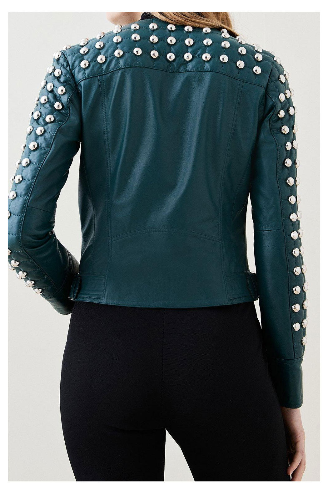 New Best Women Chocolat Green Motorcycle Style Silver Spiked Studded Leather Biker Jacket