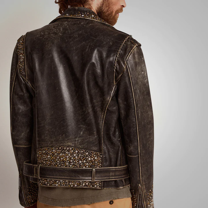 New Brown Lambskin Studded Distressed Genuine Leather Aviator Biker Jacket For Men