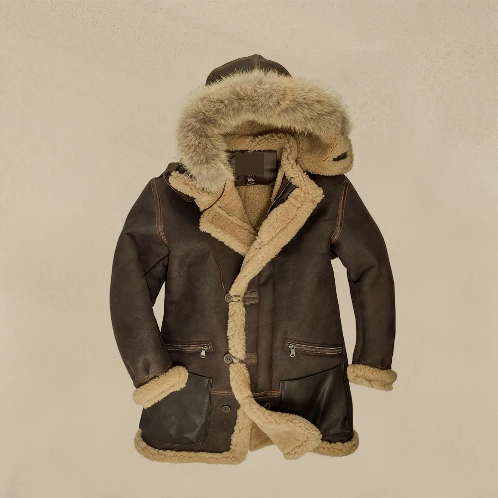 Men New Chocolate Brown Sheepskin Shearling Leather Coat With Fur hood