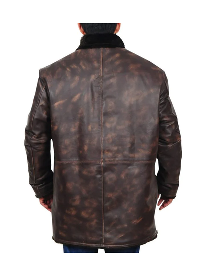 New Mens Brown Sheepskin Distressed Leather With Black Fur Collar Jacket