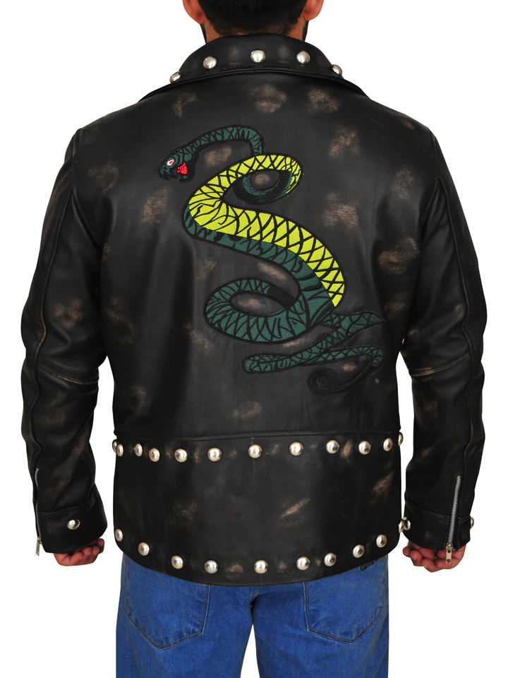 New Mens Sheepskin Studded Distressed Genuine Leather Biker Jacket
