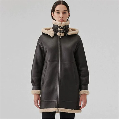 New Women Lambskin Hooded Shearling Leather Coat