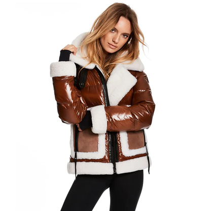 New Women Brown Bubble Puffer Leather V-Bomber Jacket With White Fur