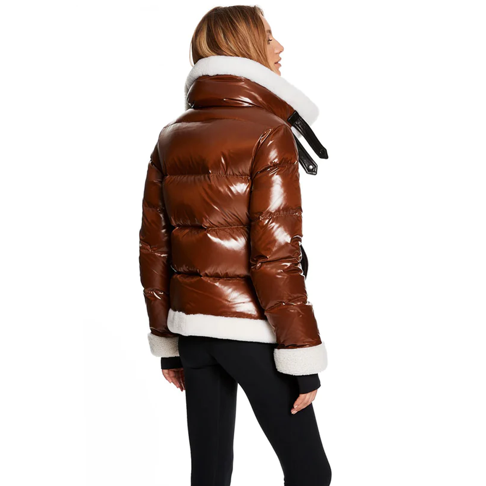New Women Brown Bubble Puffer Leather V-Bomber Jacket With White Fur