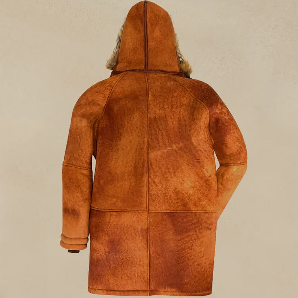 New Men’s Brown Sheepskin Shearling Leather Coat with shearling hood
