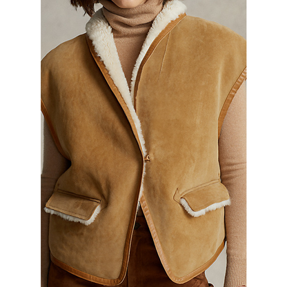 New Women Sheepskin Brown Aviator Shearling Leather Vest