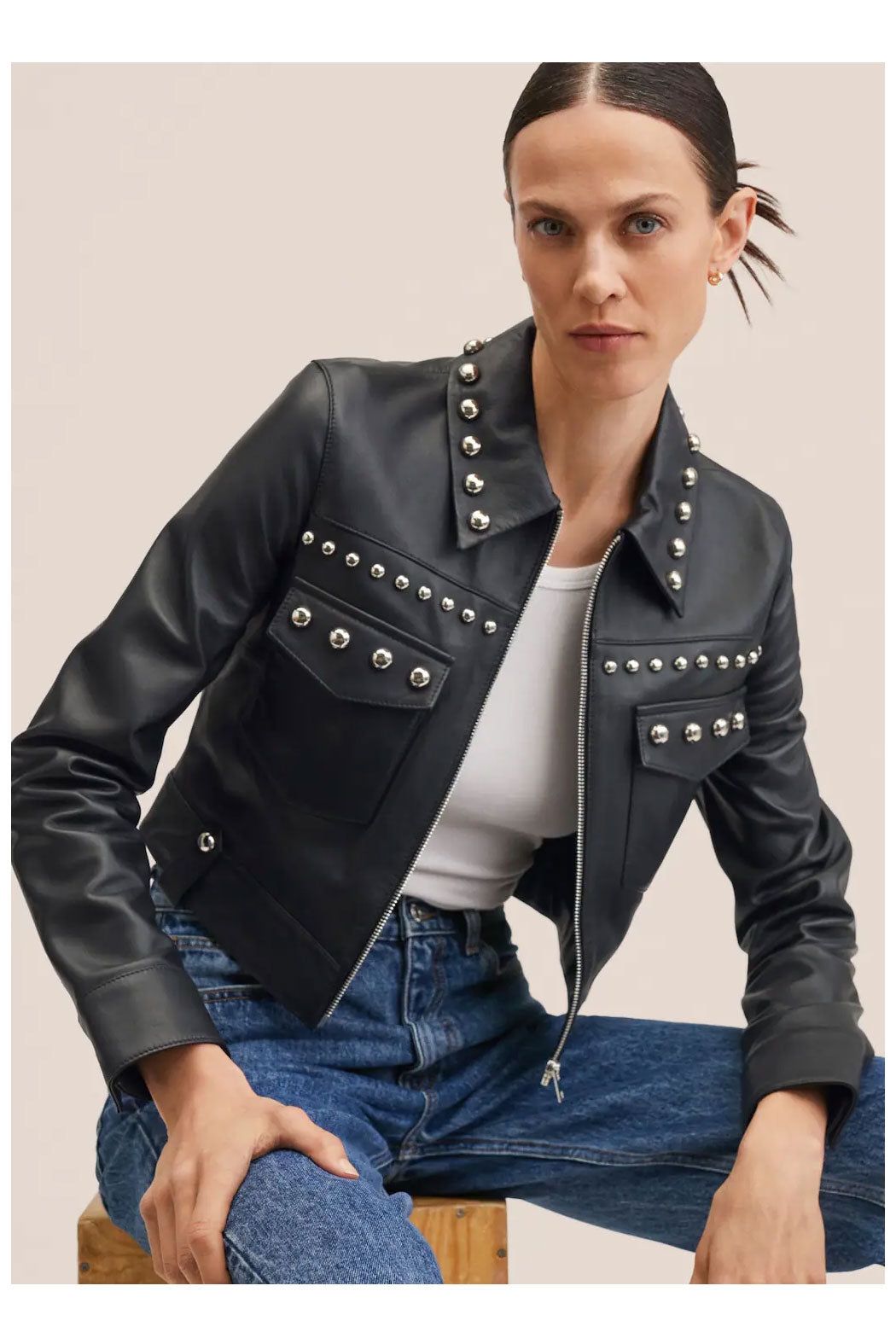 New Women Black Style Silver Spiked Studded Motorcycle Leather Biker Jacket