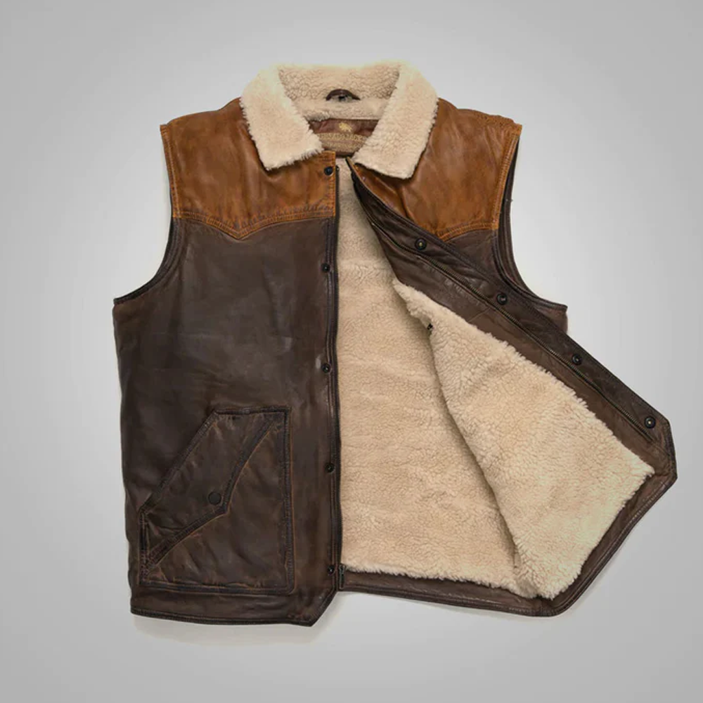 New Men Brown Sheepskin Shearling Fur Leather Vest