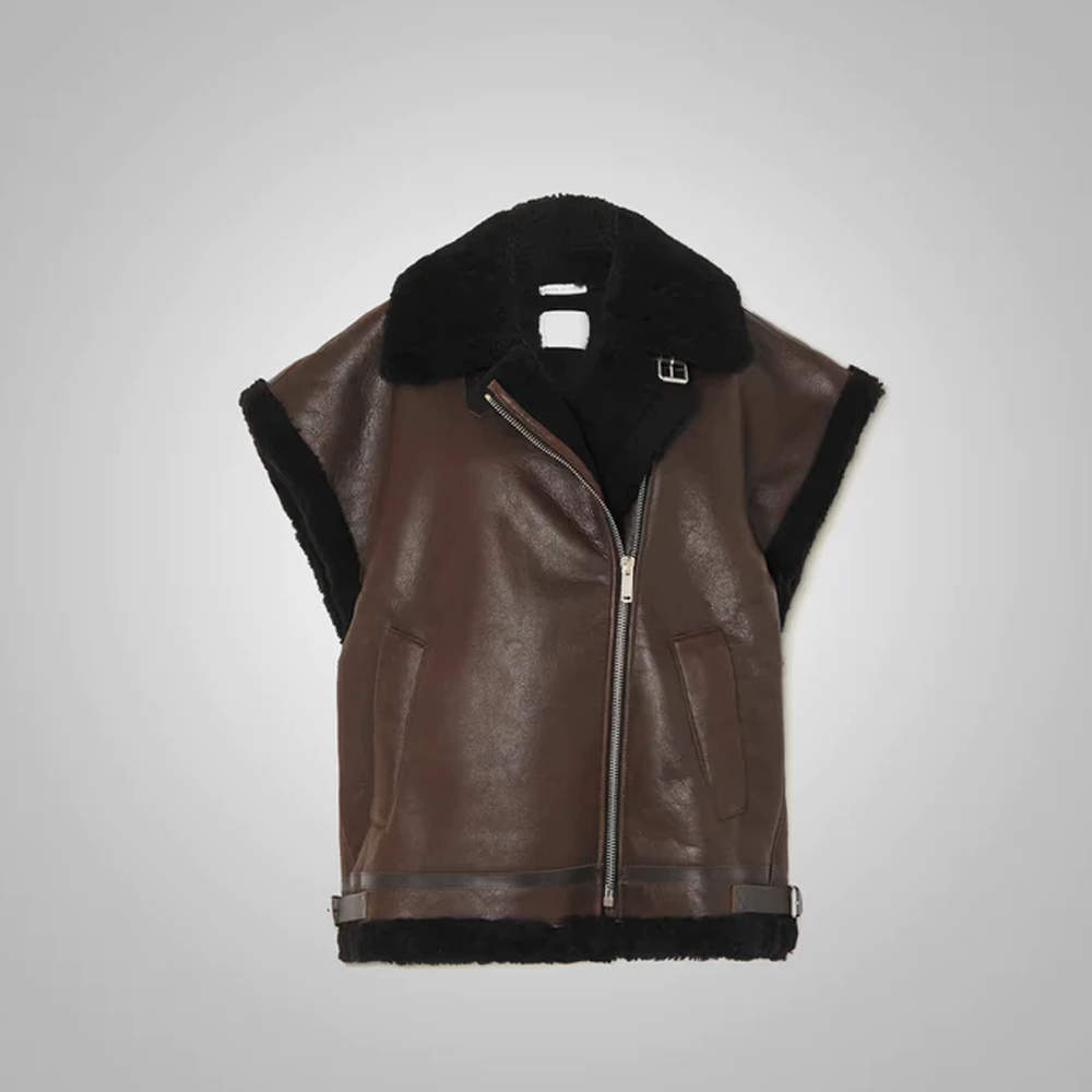 Women's Lambskin Dark Brown Shearling Leather Black Vest