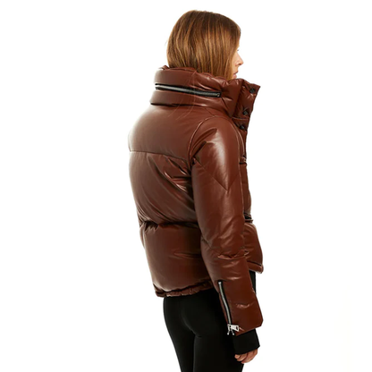 New Best Dark Brown Sheepskin Bubble V-Bomber Leather Jacket For Women
