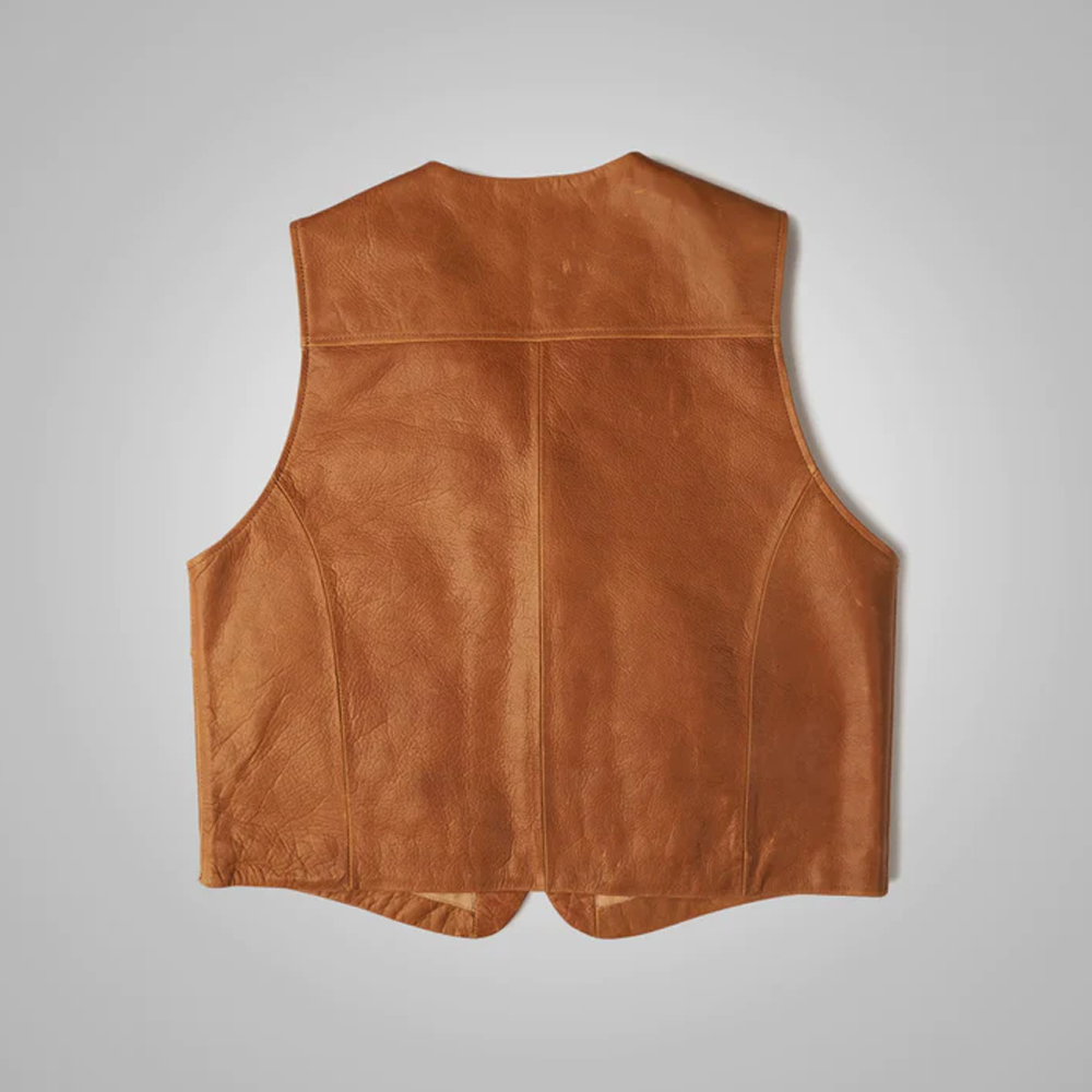 New Brown Mens Sheepskin Vintage Leather Cowboy Vest