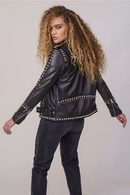 Women Lambskin Black Motorcycle Style Silver Spiked Studded Leather Biker jacket