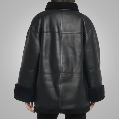 New Black Women Lambskin B3 Bomber  Shearling Leather Coat With Black fur
