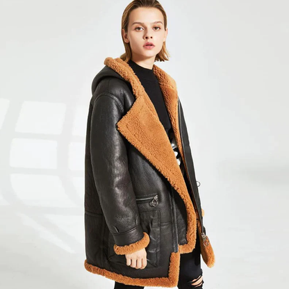 New Women Black Hooded Lambskin Shearling Leather Long Coat With Brown Fur