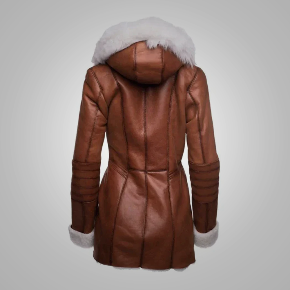 New Women Hood Shearling B3 Bomber Leather Coat With White fur