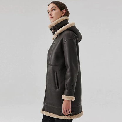 New Women Lambskin Hooded Shearling Leather Coat