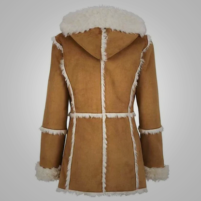 New Women Suede Shearling Genuine Leather Fur Brown Coat