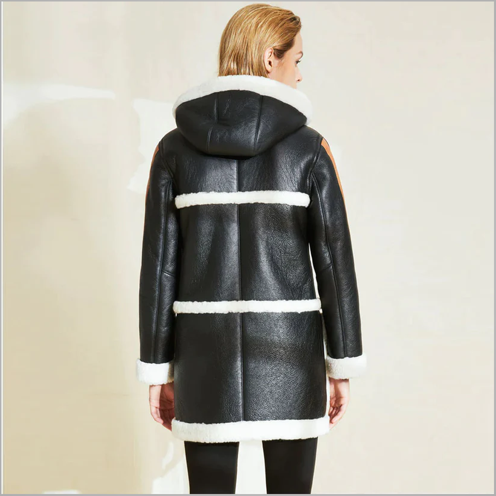 New Black Women's  Hooded Lambskin B3 Bomber Shearling Leather Coat With White Fur