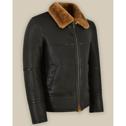 New Men black Flying Wool Lamb Fur Aviator Leather Jacket B3 Bomber Jacket