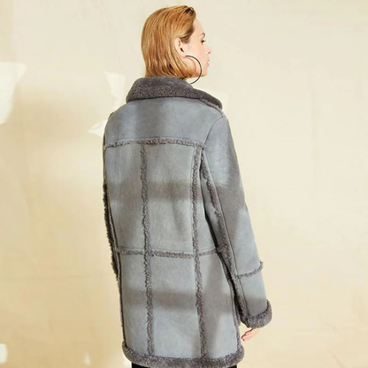 New Gray Women Lambskin Shearling Long Suede Aviator Leather Coat