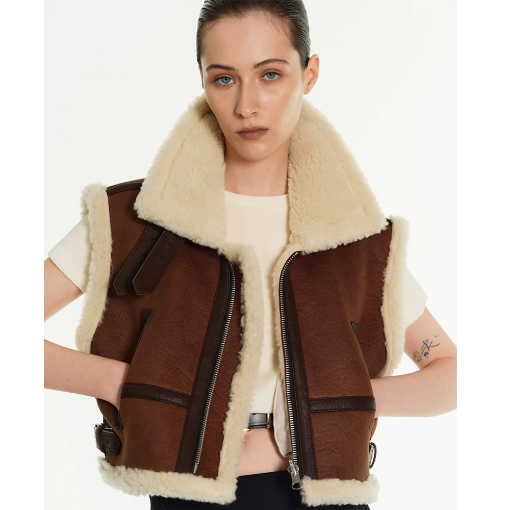 New Brown Sheepskin Shearling Aviator Leather Vest For Women