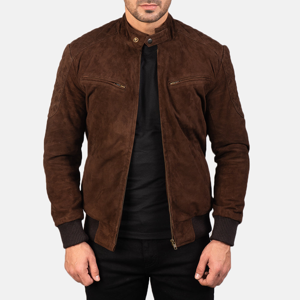 Mens Chocolate Brown Suede Sheepskin Genuine Leather Biker jacket