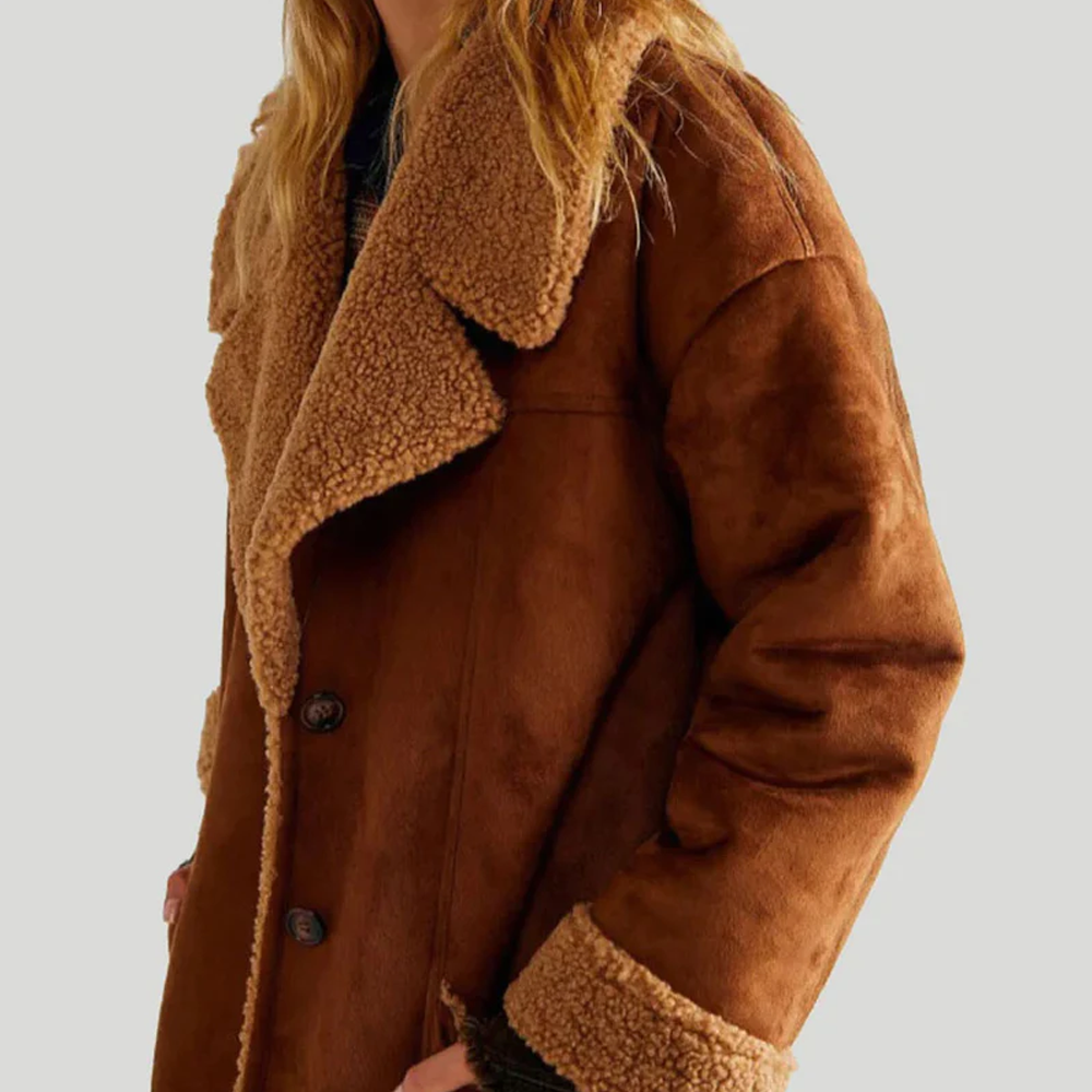 New Brown Women Sheepskin Suede Aviator Shearling Flight Leather Fur Coat
