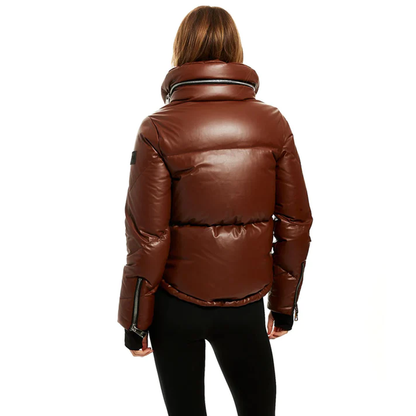 New Best Dark Brown Sheepskin Bubble V-Bomber Leather Jacket For Women